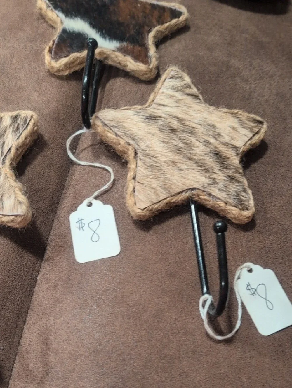 Set of 3 Rustic Star Wall Hooks - Brown Hide